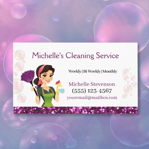 Purple Glitter Cartoon Maid House Cleaning Service Business Card