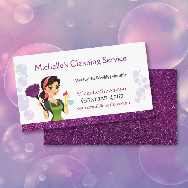 Purple Glitter Cartoon Maid House Cleaning Service Business Card | Zazzle