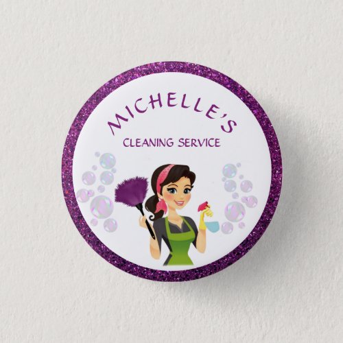 Purple Glitter Cartoon Maid House Cleaning Service Button