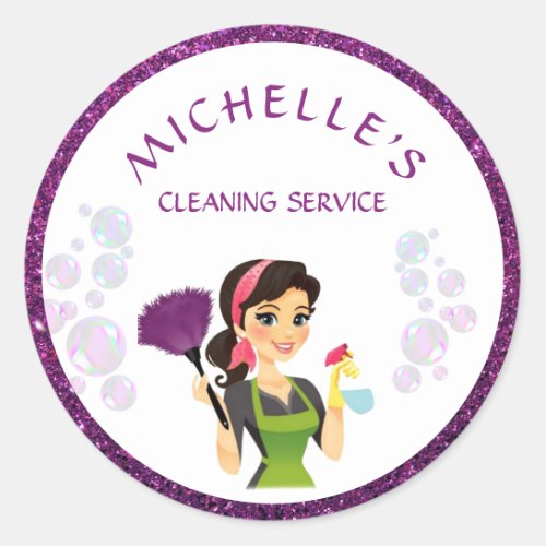 Purple Glitter Cartoon Maid House Cleaning Service Classic Round Sticker