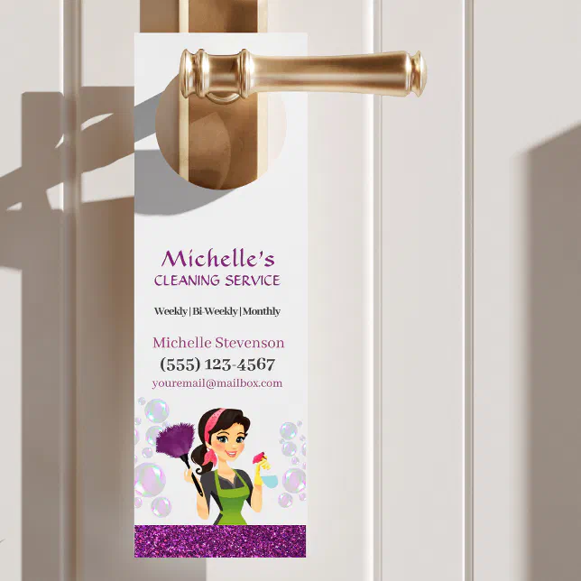 Purple Glitter Cartoon Maid House Cleaning Service Door Hanger

