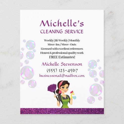 Purple Glitter Cartoon Maid House Cleaning Service Flyer