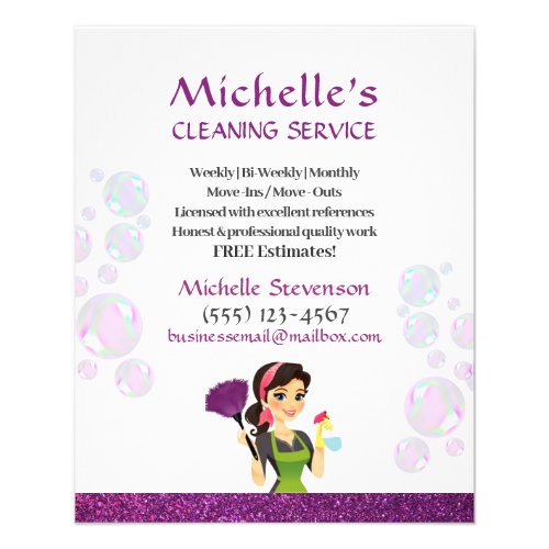 Purple Glitter Cartoon Maid House Cleaning Service Flyer
