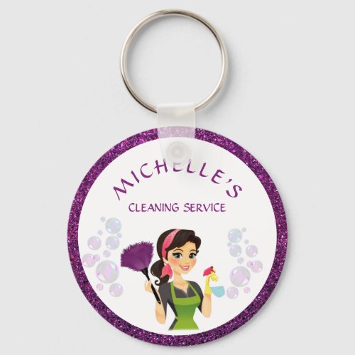 Purple Glitter Cartoon Maid House Cleaning Service Keychain