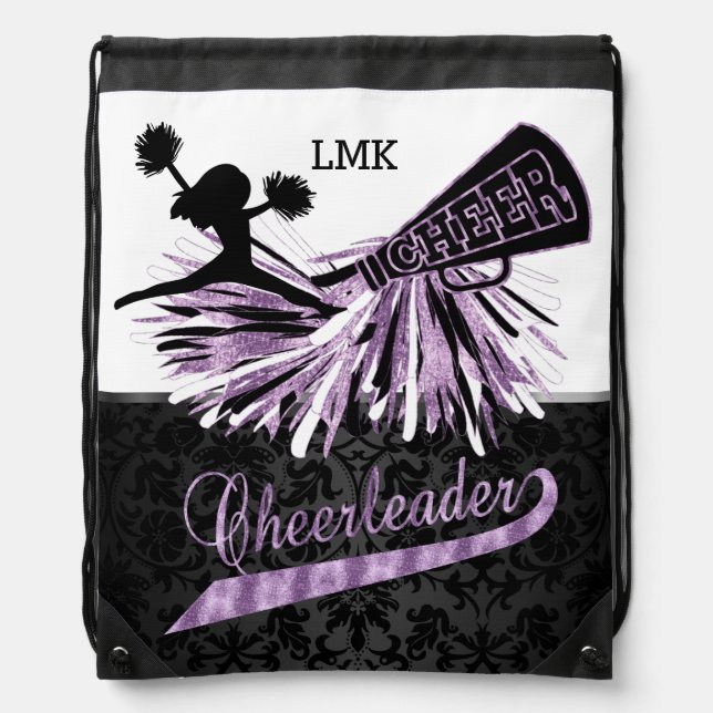 Purple Glitter Cheerleader with Pom Poms  Drawstring Bag (Front)