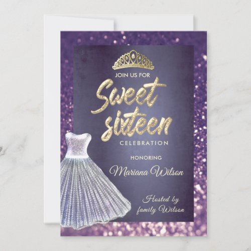 Purple glitter chic dress  Gold tiara Sweet 16  Invitation