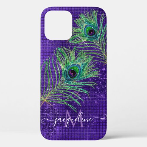 Purple Glitter Chic Girly Peacock Feather Monogram iPhone 12 Case