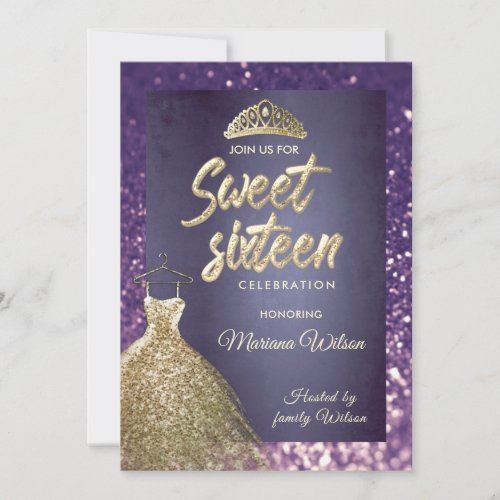 Purple glitter chic  Gold  dress tiara Sweet 16 Invitation