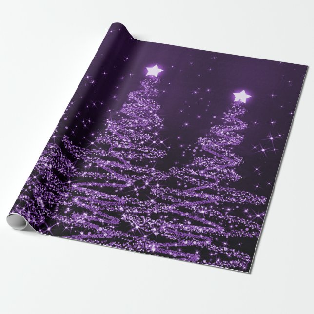 Purple Glitter Christmas Trees Holiday Wrapping Paper (Unrolled)