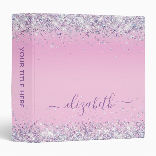Purple Glitter Confetti Personalized Pink 3 Ring Binder (Front/Spine)