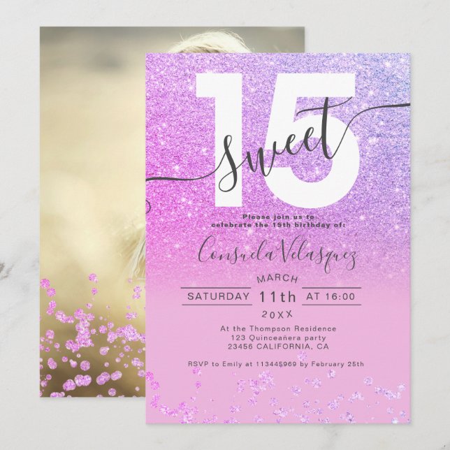 Purple glitter confetti pink Quinceanera photo Invitation (Front/Back)