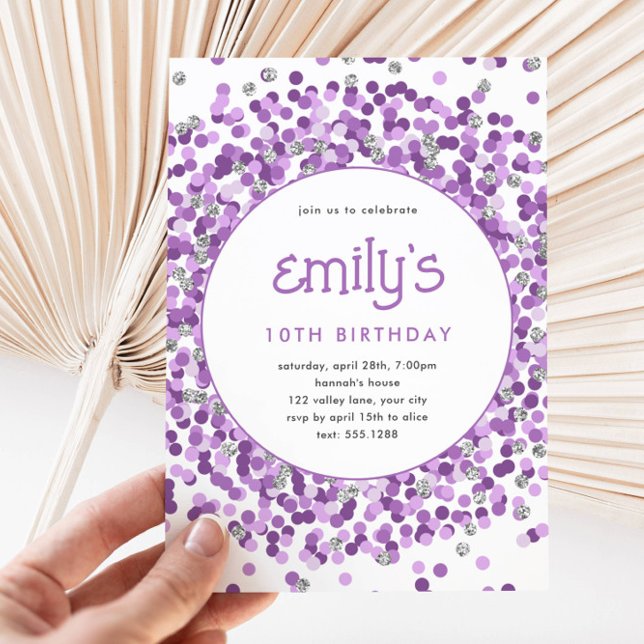 Purple Glitter Confetti Playful Birthday Invitation (Creator Uploaded)