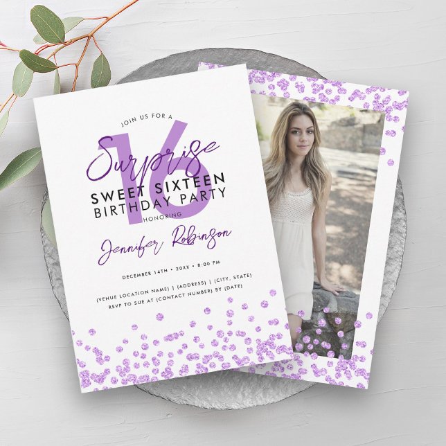 Purple Glitter Confetti Surprise Sweet 16  Invitation (Purple Glitter Confetti Surprise Sweet 16 Invitation)