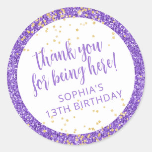 Purple Glitter Confetti Thank You Bday Favor Classic Round Sticker
