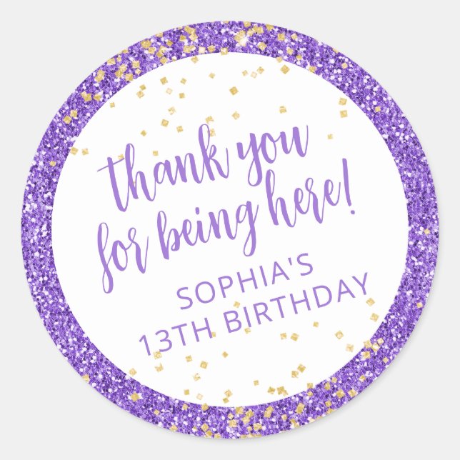 Purple Glitter Confetti Thank You Bday Favor Classic Round Sticker (Front)