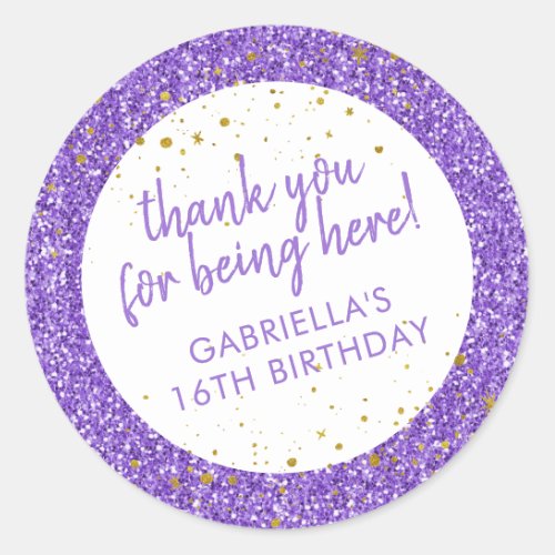 Purple Glitter Confetti Thank You Bday Favor Classic Round Sticker