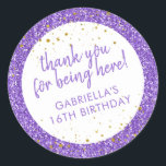 Purple Glitter Confetti Thank You Bday Favor Classic Round Sticker<br><div class="desc">Purple glitter and Gold Confetti sparkly personalized thank you favor stickers for a fun and girly birthday party. Text is editable and they are perfect for a girl's 1st 5th, or 8th birthday, or a big girl's 13th 15th sweet 16th, 18th or 21st birthday or graduation. The "thank you for...</div>