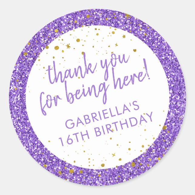 Purple Glitter Confetti Thank You Bday Favor Classic Round Sticker (Front)