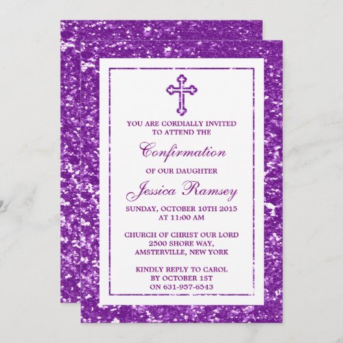 Purple Glitter Cross Holy Communion  Confirmation Invitation