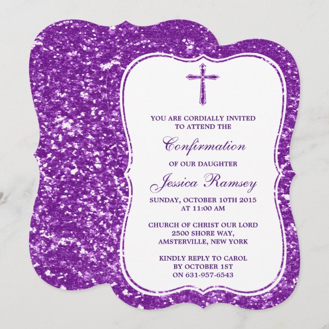 Purple Glitter Cross Holy Communion Confirmation Invitation (Front/Back)