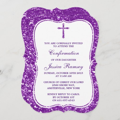 Purple Glitter Cross Holy Communion Confirmation Invitation