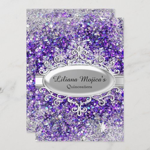 Purple Glitter Crystal Snowflake Quinceanera Invitation