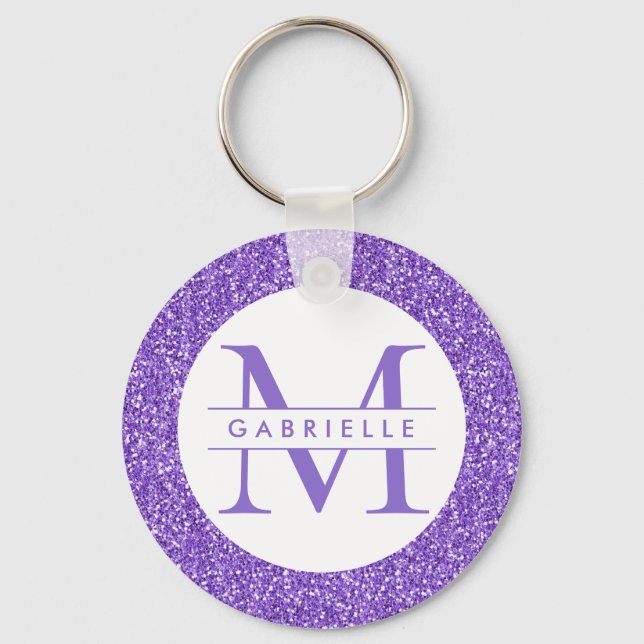 Purple Glitter Custom Name Monogram Keychain (Front)