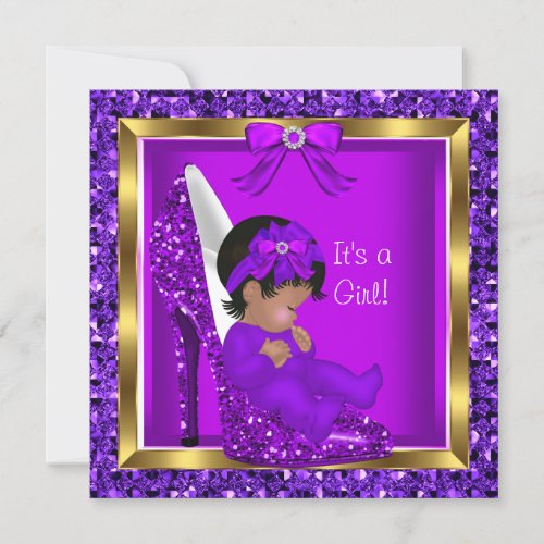 Purple Glitter Cute Baby in Shoe Baby Shower Girl Invitation