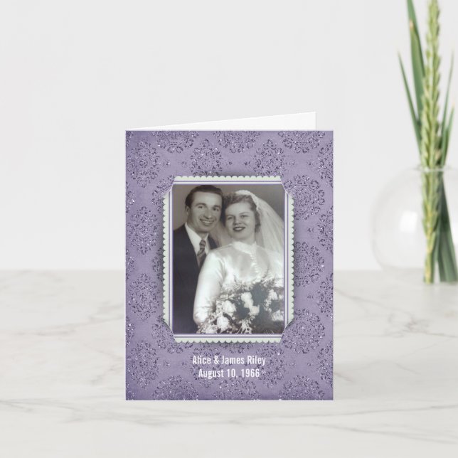 purple glitter damask frame for anniversary invitation (Front)