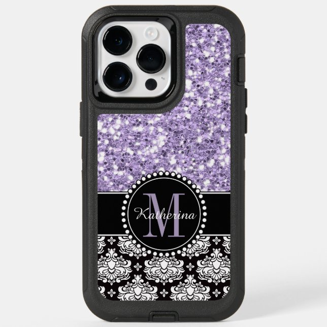 Purple Glitter Damask Personalized Monogrammed Ott Otterbox iPhone Case (Back)