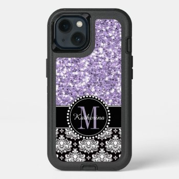 Purple Glitter Damask Personalized Monogrammed Ott Iphone 13 Case by CoolestPhoneCases at Zazzle