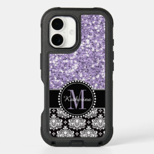 Purple Glitter Damask Personalized Monogrammed iPhone 16 Case