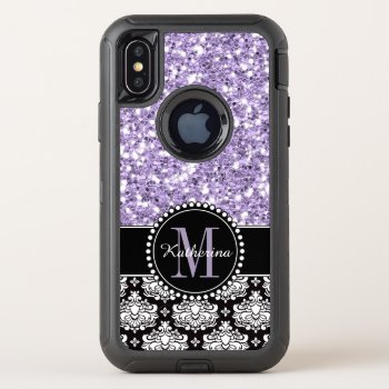 Purple Glitter Damask Personalized Monogrammed Otterbox Defender Iphone Xs Case by CoolestPhoneCases at Zazzle