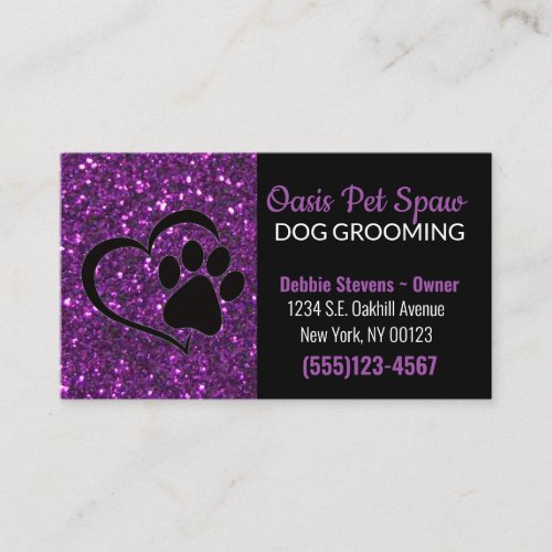 Purple Glitter Design Dog Pet Grooming Service Business Card