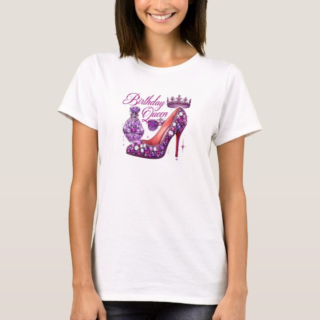 Purple glitter diamond high heel birthday queen  T-Shirt (Front)