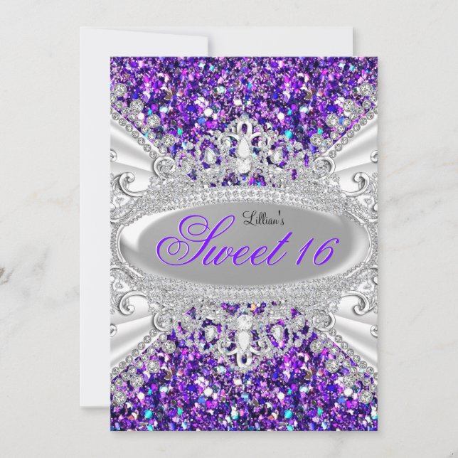 Purple Glitter & Diamond Tiara Sweet 16 Invitation (Front)