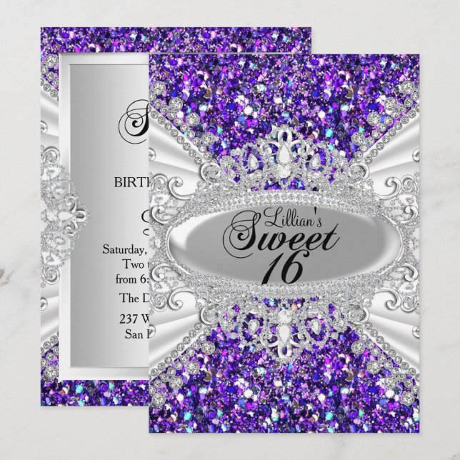 Purple Glitter Diamond Tiara Sweet 16 Invite (Front/Back)