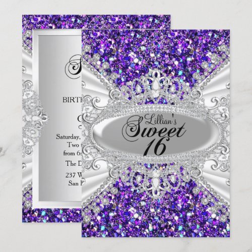 Purple Glitter &amp; Diamond Tiara Sweet 16 Invite 5" X 7" Invitation Card