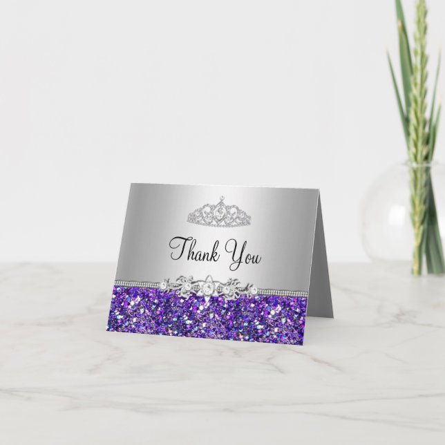 Purple Glitter & Diamond Tiara Thank You Card (Front)