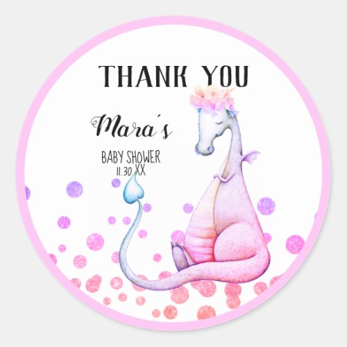  Purple Glitter  Dragon Baby Girl Thank You Classic Round Sticker