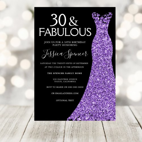 Purple Glitter Dress Black 30th Birthday Party Invitation