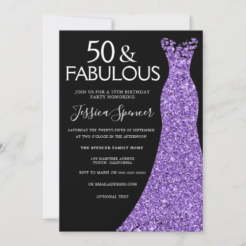 Purple Glitter Dress Black 50th Birthday Party Invitation