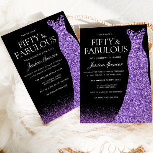 Purple Glitter Dress Gown 50th Birthday Party Invitation