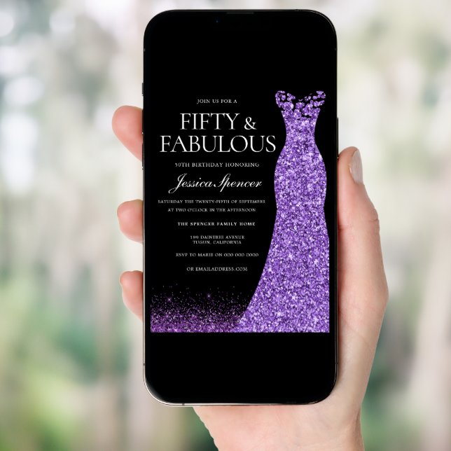 Purple Glitter Dress Gown 50th Birthday Party Invitation (Front Digital)