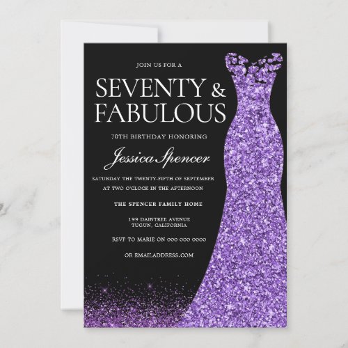 Purple Glitter Dress Gown 70th Birthday Party Invitation