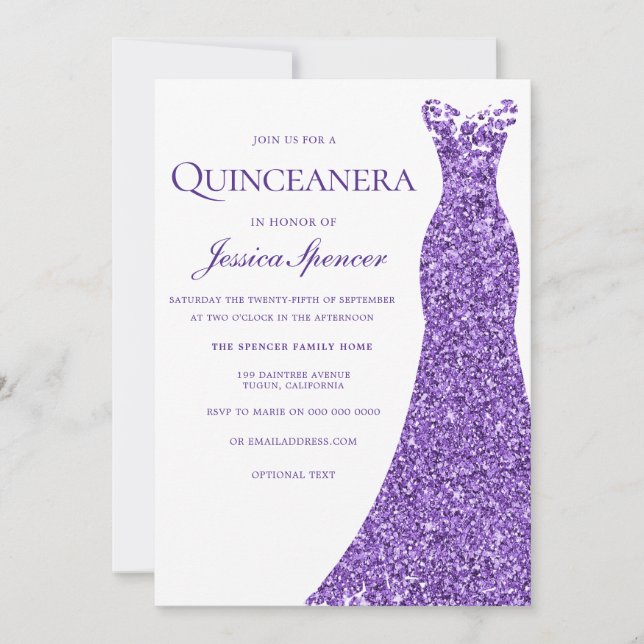 Purple Glitter Dress Quinceanera Party Invitation (Front)