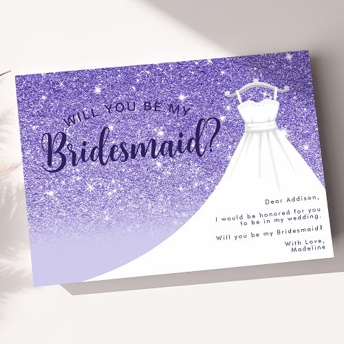 Purple Glitter Dress Will You Be My Bridesmaid Invitation