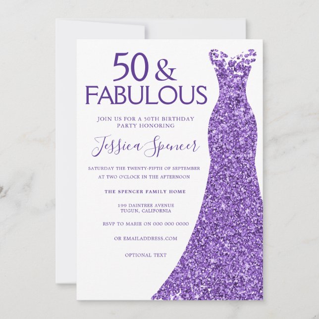 Purple Glitter Dress Womans 50th Birthday Party Invitation (Front)