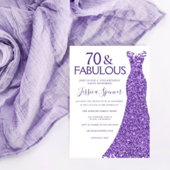 Purple Glitter Dress Womans 70th Birthday Party Invitation by Nicheandnest at Zazzle