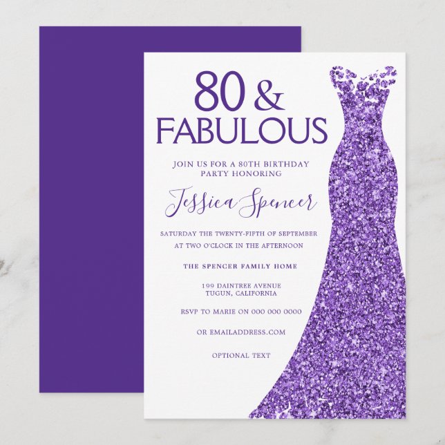 Purple Glitter Dress Womans 80th Birthday Party Invitation (Front/Back)